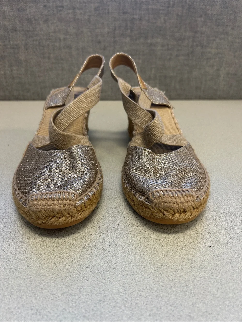 Toni Pons Woven Espadrille Wedge Slingback in Silver and Tan Size 39